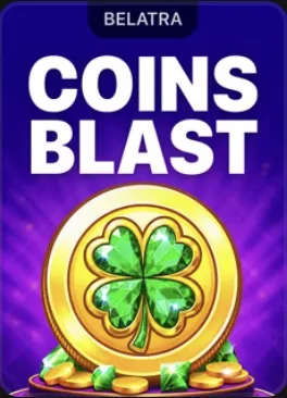 Zlatá minca so štvorlístkom nad kopou mincí — titul Coins Blast